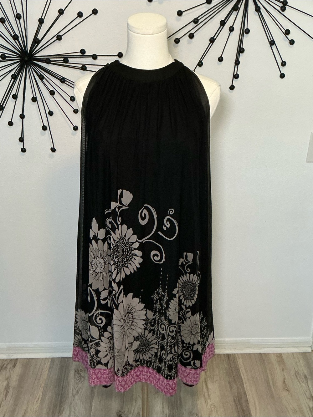 Dressbarn Black Floral Halter Shift Dress Pink Trim Sleeveless Size 12